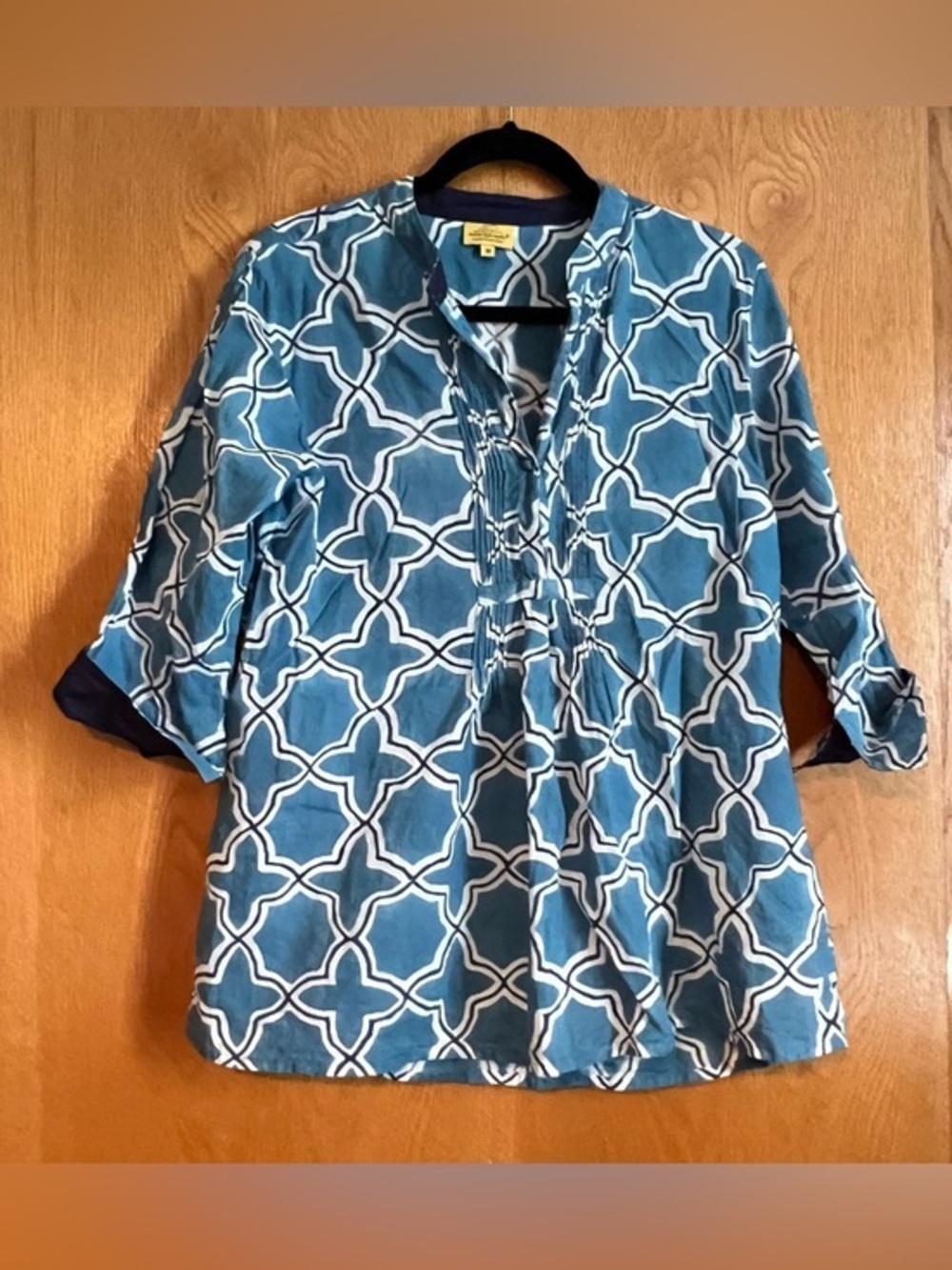 Robert Roller Rabbit Blue Geometric Print Tunic Top Size Medium Boho Cotton